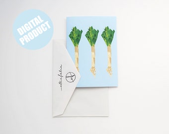 Digital Download Leeks Card | Printable | Folding Greeting Cards | Food Illustration