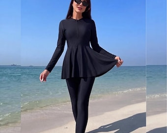 Modest Swimwear for Women, Semi-Covered Black Burkini, Long Sleeve Zipper Islamic Swimsuit with Leggings, Conservative Swimwear, Hasema.