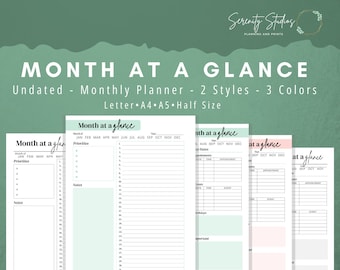 May include: Three printable monthly planner pages in different colours. The pages are titled "Month at a Glance" and feature a calendar grid, space for priorities, notes, appointments, birthdays, and important dates. The pages are designed for use with letter, A4, or A5 size paper.