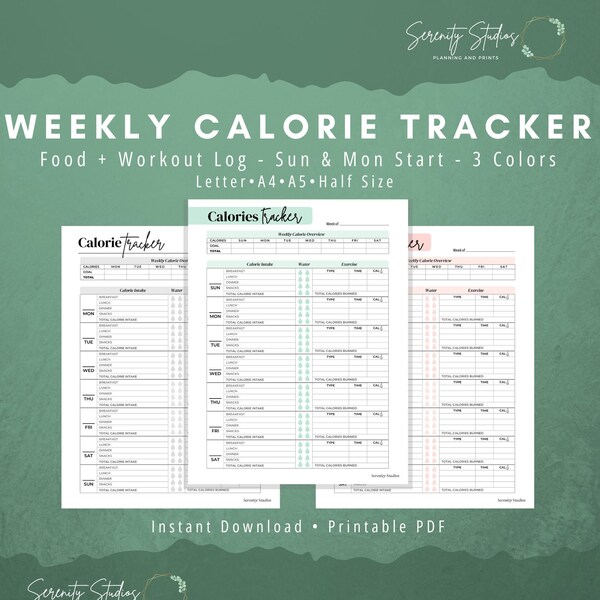 Calorie Tracker Printable, Fitness Journal, Calorie Counter, Exercise Log, Wellness & Activity Plan, A4 A5 Letter Half Size PDF Insert