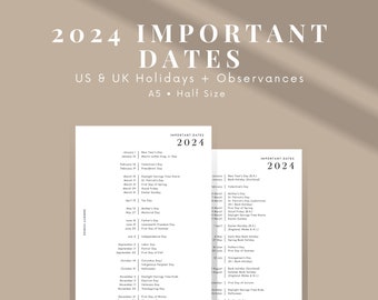 2024 Important Dates, List of Holidays, US Public Holidays, UK Bank Holidays, Dates to Remember, Holidays, Observances, A5 Size Pdf