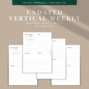 May include: A printable, undated vertical weekly planner in A5 size. The planner has a grid for the week's dates and lined spaces for each day of the week, starting with Sunday. The planner is designed for a Sun/Mon start.