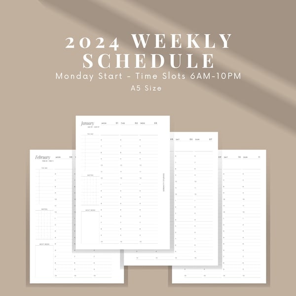 2024 Dated Weekly Hourly Planner, Vertical Timed Weekly, Half Hour Weekly Schedule, 12 Month Appointment, Week at a Glance, A5 Size Pdf
