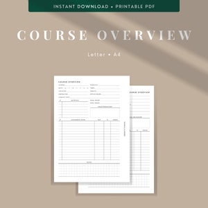 Puede incluir: Planificador de resumen de curso imprimible con secciones para el nombre del curso, las fechas, las horas, el instructor, la información de contacto, los materiales, las tareas, las calificaciones y las notas. El planificador está diseñado para papel tamaño carta o A4.