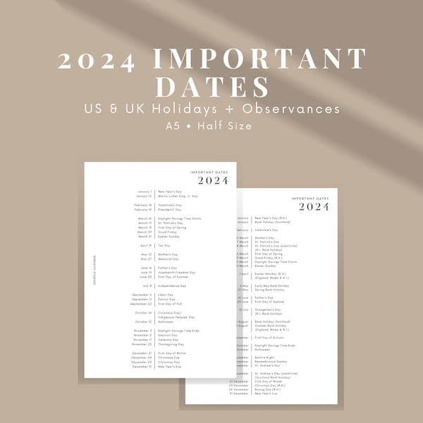 2024 Important Dates, List of Holidays, US Public Holidays, UK Bank Holidays, Dates to Remember, Holidays, Observances, A5 Size Pdf