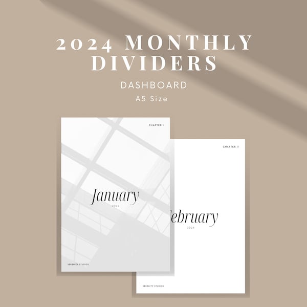 DASHBOARD 2024 Monthly Dashboard Set, Printable Dividers, January - December Covers, 12 Monthly Planner Dashboard, A5 Size Pdf