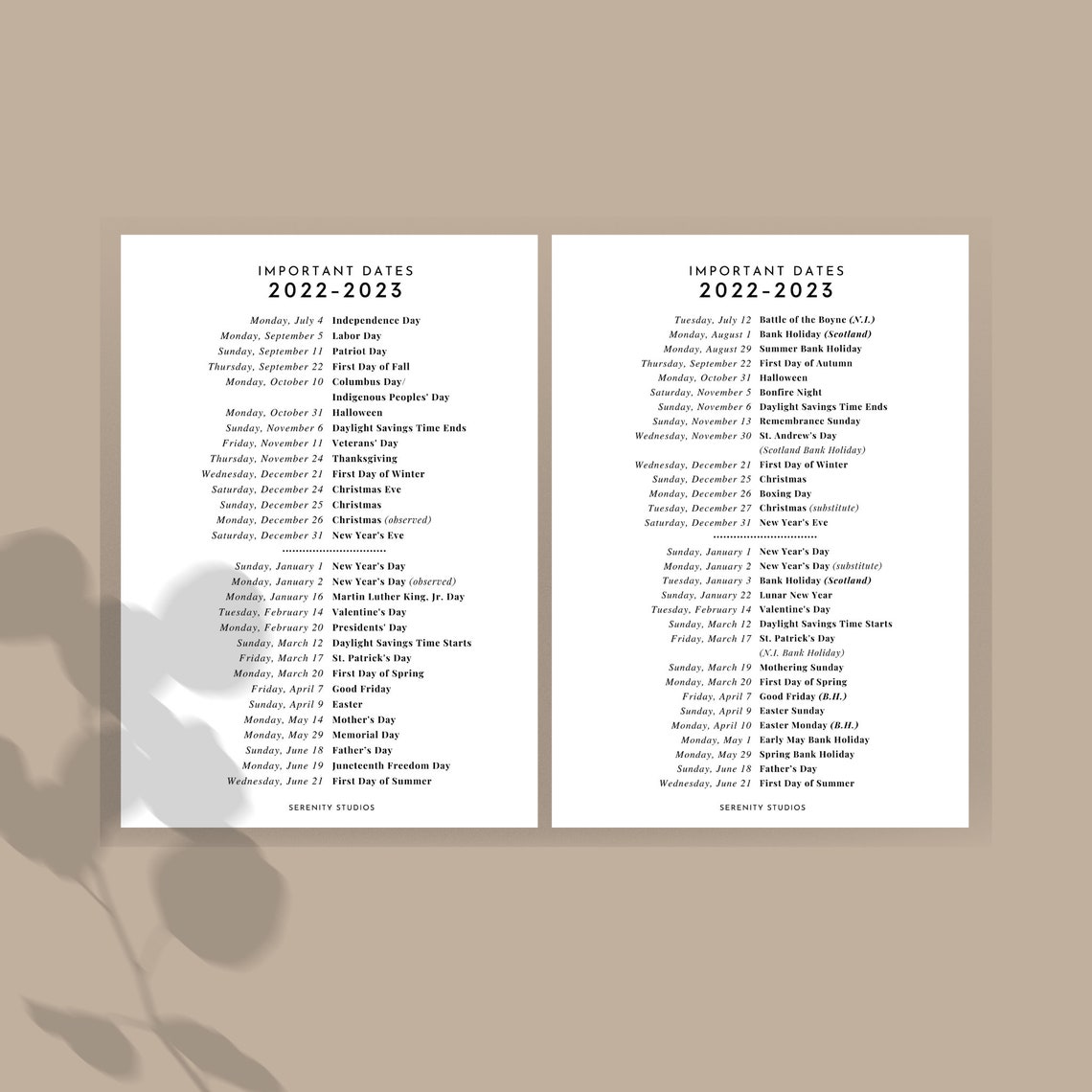DASHBOARD 2022 2023 Important Dates List Of Holidays US Etsy Polska