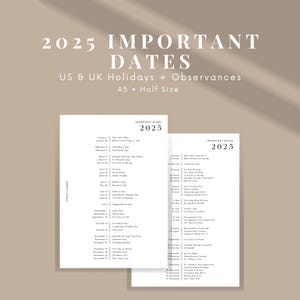 2025 Important Dates, List of Holidays, US Public Holidays, UK Bank Holidays, Dates to Remember, Holidays, Observances, A5 Size HL Size Pdf