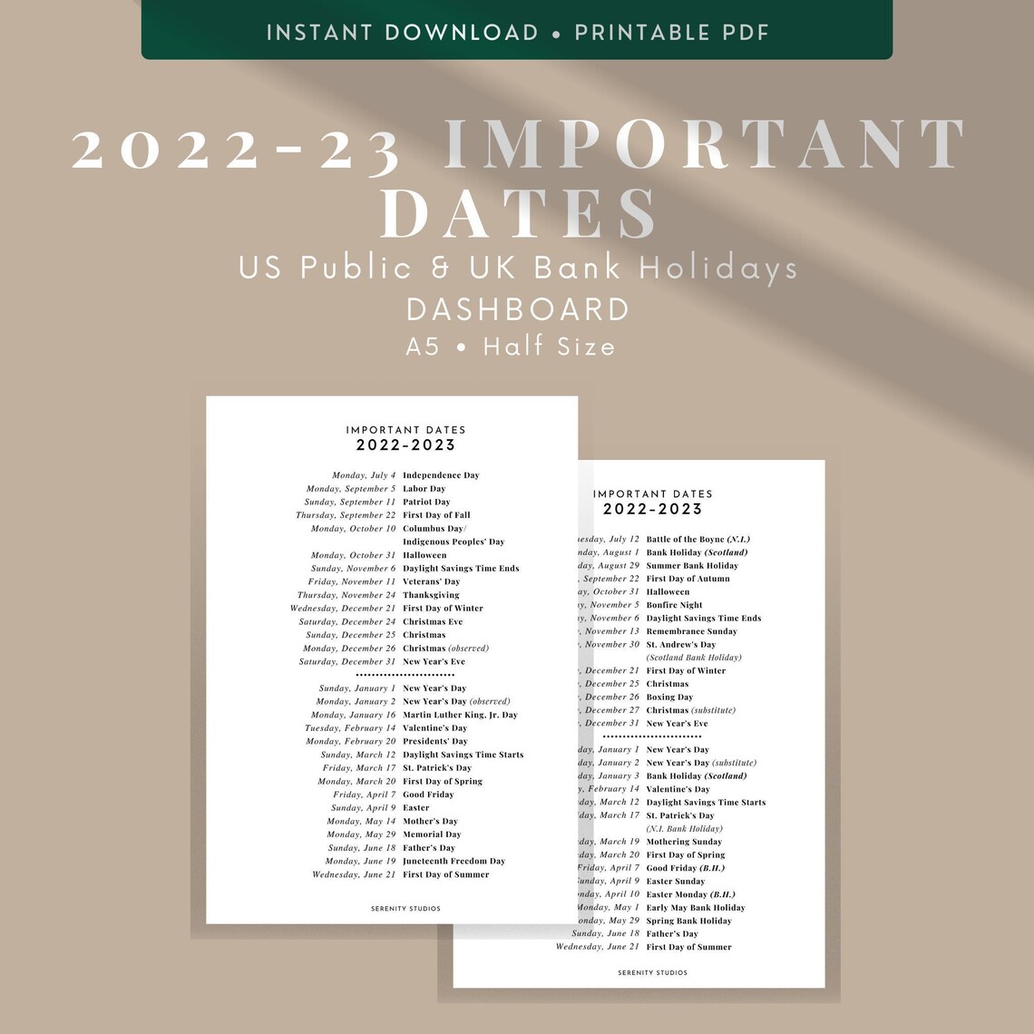 DASHBOARD 2022 2023 Important Dates List of Holidays US Etsy Ireland
