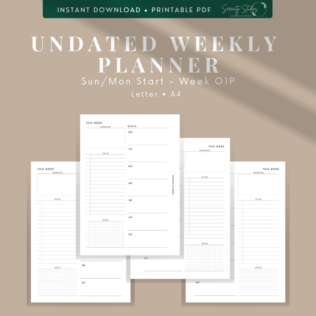 Undated Week Undated Week on 1 Page, WO1P, Sunday Monday Start, Weekly Overview ...