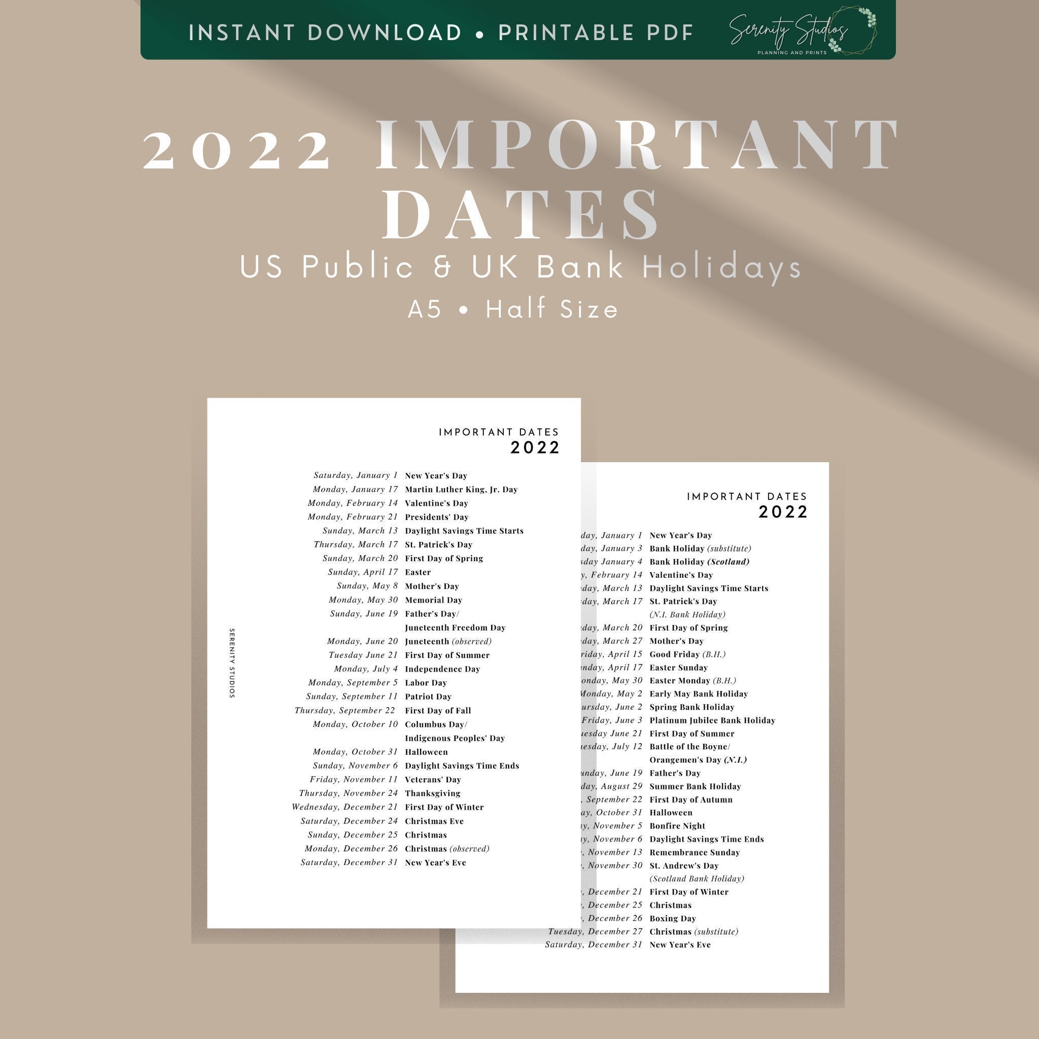 2022 important dates list of holidays us public holidays uk etsy