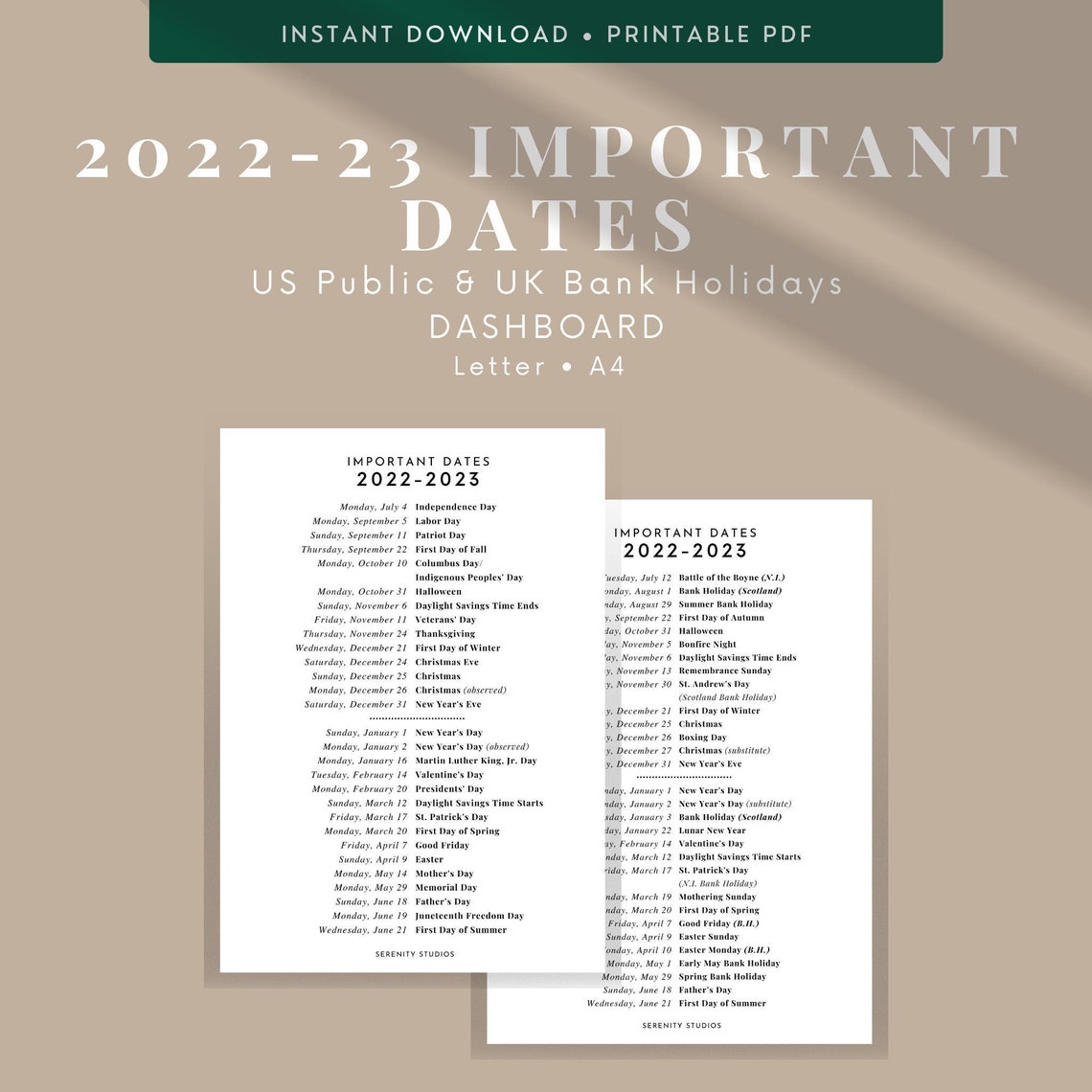 DASHBOARD 2022 2023 Important Dates List of Holidays US Etsy UK