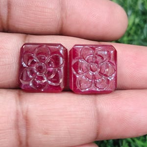 Natural Ruby Carved, 25 Carat, Ruby Cushion Pair, 15x15 mm Earth mine Ruby Precision, Ruby Carving Loose Gemstone, Pair (2 Pieces)