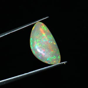 May include: A white opal gemstone with green, red, and orange flashes of colour. The opal is held by a pair of tweezers against a black background.