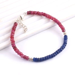 AAA Ruby/Blue Sapphire Beaded Bracelet: 9.25 Sterling Silver Adjustable Bracelet Gift For Her