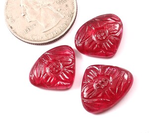 Ruby Carving Set: 3pc Natural Red Ruby Floral Carved Gemstones