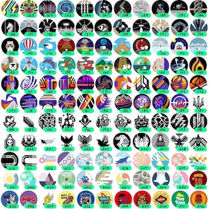 May include: A collection of 242 colorful round stickers with various designs, including geometric patterns, animals, and text. The stickers are arranged in a grid pattern.
