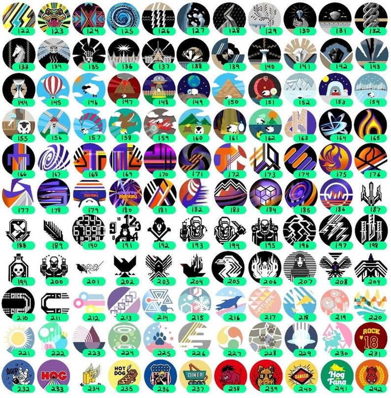 May include: A collection of 242 colorful round stickers with various designs, including geometric patterns, animals, and text. The stickers are arranged in a grid pattern.