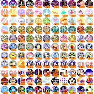 Puede incluir: Una colección de 121 diseños circulares, cada uno con un gráfico o patrón único. Los diseños incluyen coronas, letras, animales y formas abstractas, todo sobre un fondo blanco. Cada diseño está numerado, con una variedad de colores.