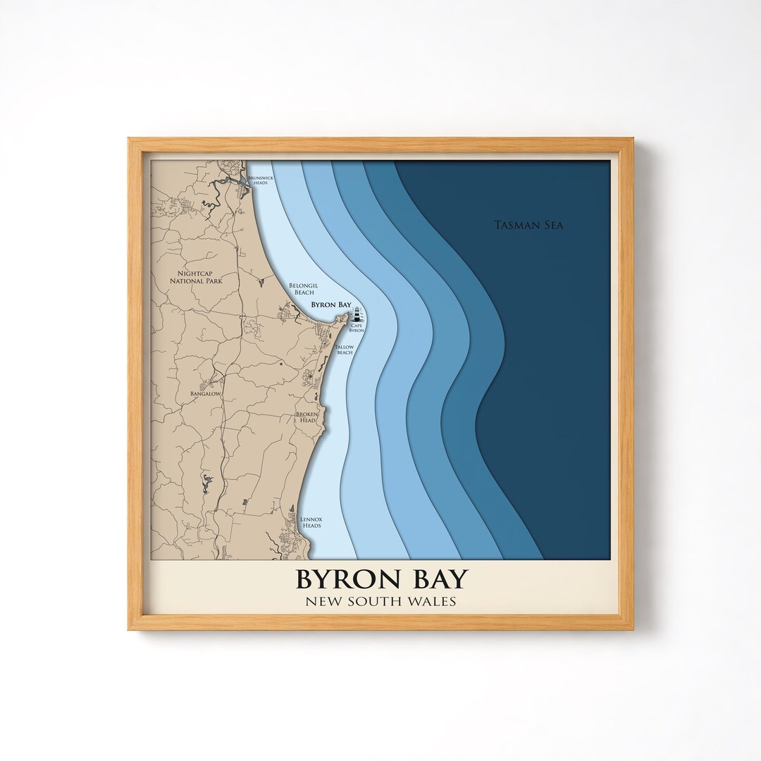 Byron Bay 3D Layered Bathymetric Map | Wooden Coastal Wall Art | Framed ...