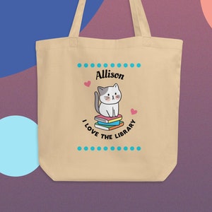 Personalized I Love the Library Book Bag, Kids and Adults Book Bag Personalized, Cute Cat and Books, Gift for Book Lovers, I Love Reading
