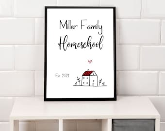 May include: A framed print with the text "Miller Family Homeschool" in black script. Below the text is a small illustration of a house with a red roof and a heart above it. The print is in a black frame and sits on a white shelf.