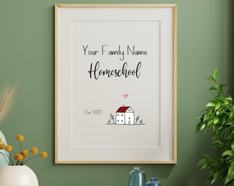 May include: A framed print with the text "Your Family Name Homeschool Est. 2023" and a simple illustration of a house with a red roof and a heart above it.
