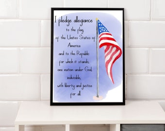 May include: A watercolor painting of an American flag waving in the wind. The flag is on a blue background with the Pledge of Allegiance written in black text below it.