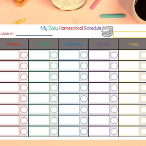 May include: A printable homeschool schedule with a grey background and colourful borders. The schedule is divided into five columns: Monday, Tuesday, Wednesday, Thursday, and Friday. Each column has 10 rows for writing in daily activities. The top of the page says "My Daily Homeschool Schedule" with a stack of books.