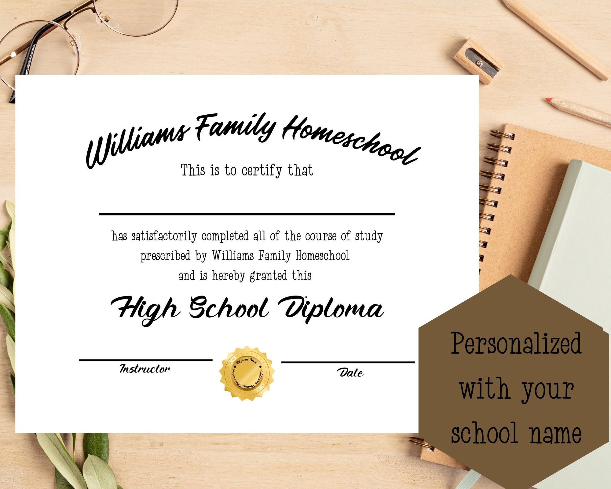 Printable Personalized Homeschool High School Diploma, Homeschool ...
