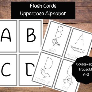 Afdrukbare alfabet-flitskaarten, hoofdletters alfabet, traceerbare flashcards, dubbelzijdige flashcards, homeschool ochtendmand, zomer leren