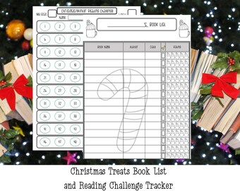 May include: Printable Christmas and winter reading challenge tracker with a candy cane illustration and a book list. The tracker has a grid with 40 circles to color in as you read. The book list has columns for book name, author, date, and rating.