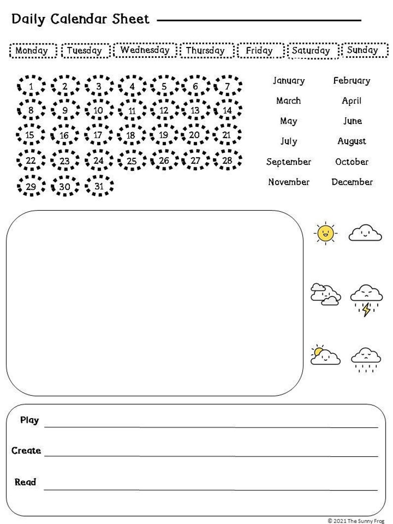 Printable Daily Calendar Worksheet Homeschool Morning Activity