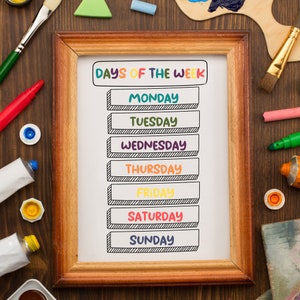 Druckbare Tage der Woche Poster, Homeschool Wandkunst, Lernposter, Auswendiglernen Drucke, Schulzimmer Dekor, Lerntage der Woche