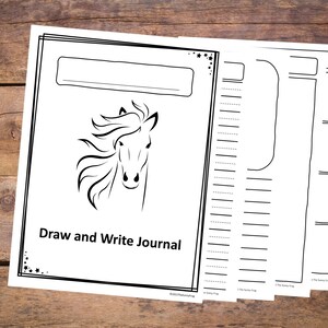 May include: Black and white printable journal cover featuring a horse head illustration and the text "Draw and Write Journal".