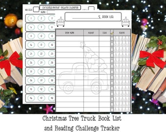 May include: A printable Christmas tree truck book list and reading challenge tracker. The tracker has a grid with 49 circles for recording books read. The book list has a grid for recording book titles, author, date, and rating. The image has a black and white illustration of a truck with a Christmas tree on top.