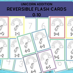 May include: A set of 12 printable flash cards featuring unicorns and rainbows. The cards are designed to help children learn basic addition facts from 0 to 10. Each card shows a unicorn with a number on its horn and a rainbow with a number on it. The numbers on the unicorn and rainbow add up to the total number on the card. The cards are reversible, so children can practice both addition and subtraction.