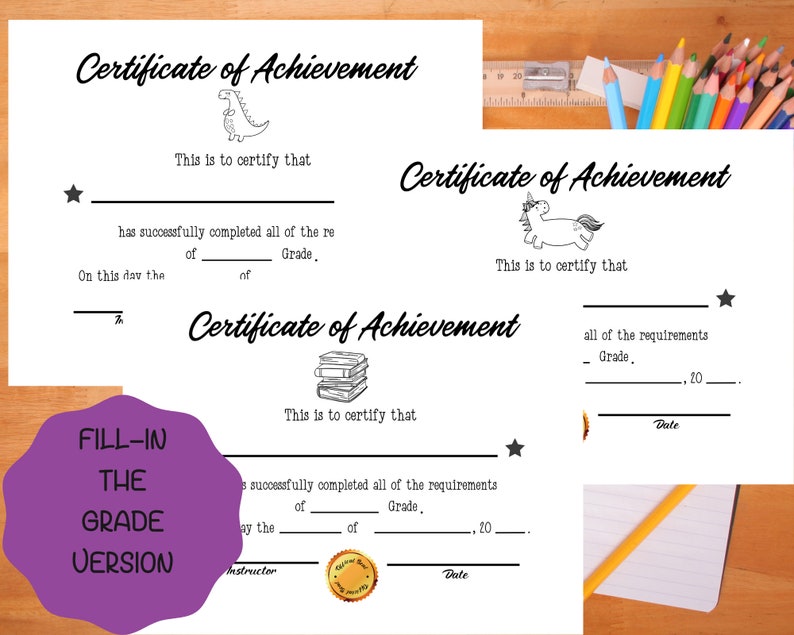 Printable Certificate of Achievement, Grade Completion Diploma