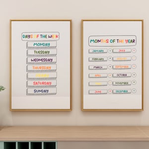 Paquete de carteles imprimibles de los días de la semana y los meses del año, arte de la pared de la escuela en el hogar, carteles educativos, impresiones de memorización, sala de la escuela