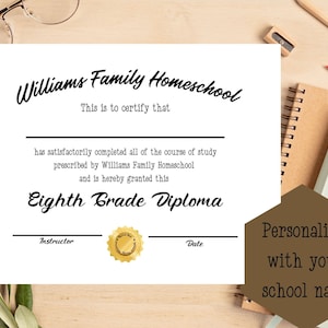 Diploma de octavo grado de educación en el hogar personalizado imprimible, diploma de educación en el hogar, diploma imprimible, graduación de 8º grado, escuela secundaria de educación en el hogar