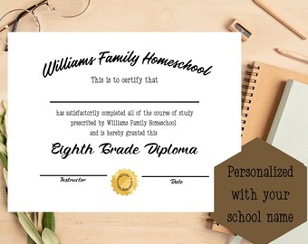 Printable Personalized Homeschool Eighth Grade Diploma, Homeschool Diploma, Printable Diploma, 8th Grade Graduation,Homeschool High School