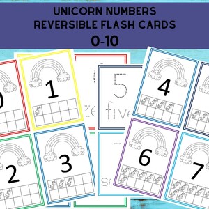 Peut inclure: Un ensemble de dix cartes flash réversibles illustrant des licornes et les nombres de 0 à 10. Chaque carte présente un nombre d'un côté et un cadre de dix avec le nombre correspondant de licornes de l'autre côté.