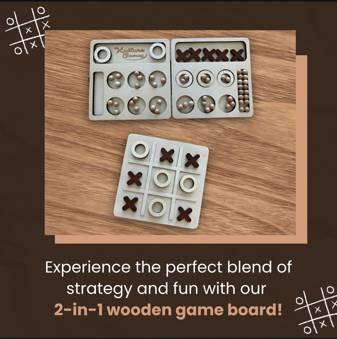 Kulture Games Gioco Da Tavolo 2 In 1 In Legno – Mancala E Tris (Tic Tac Toe) Pieghevole, Portatile, Per Famiglie E Viaggi, 2 Giocatori