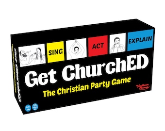 May include: A black box game called "Get Churched" with the words "The Christian Party Game" printed on the front. The box features colourful squares with the words "Sing", "Act", and "Explain" printed on them.