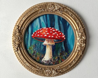 Red mushroom in the woods Original Oil Painting Fly Agaric Miniature with Round Vintage Golden Frame Colourful Art Hand-painted Artwork