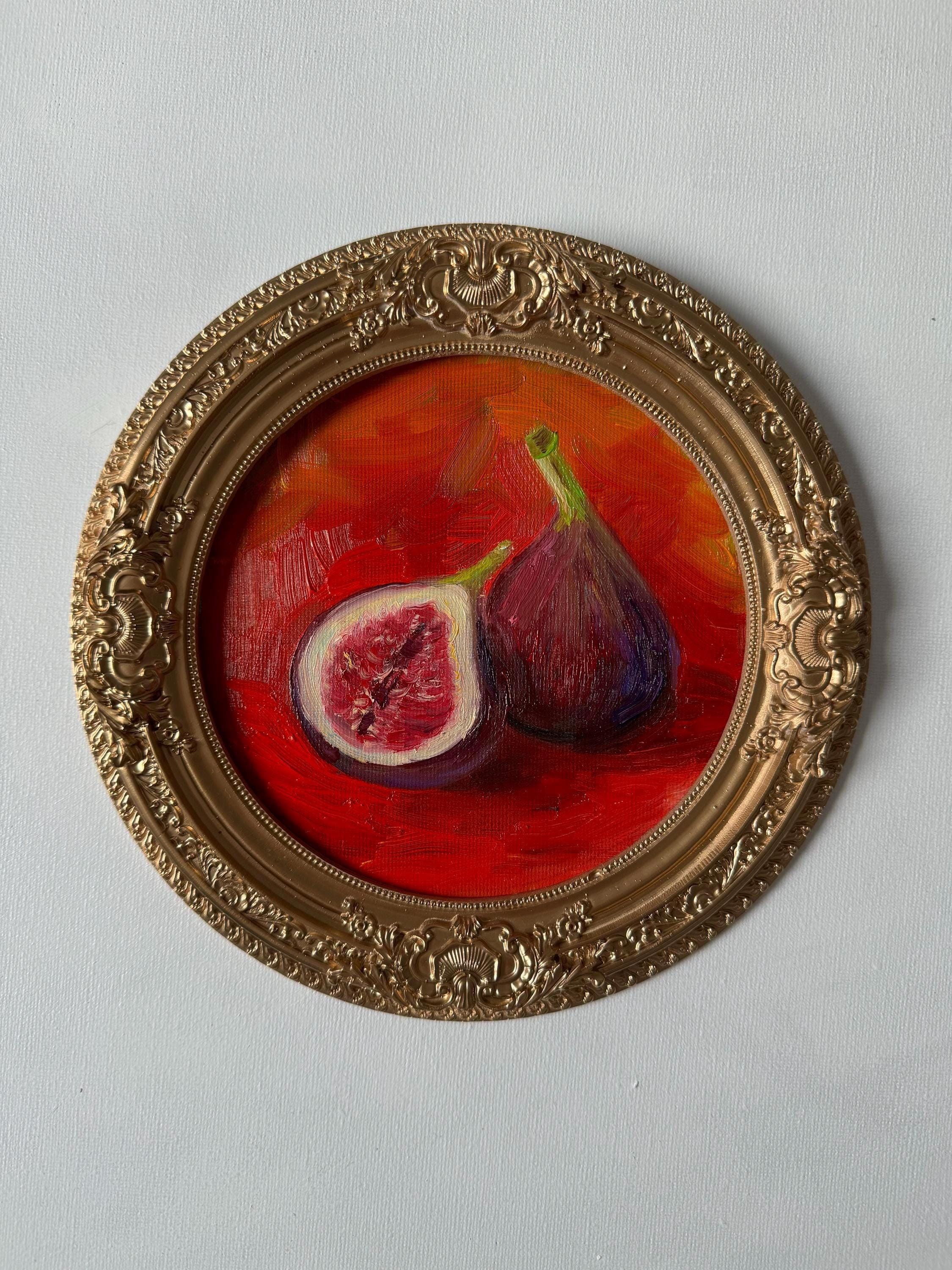 Figs on red Original Oil Painting Small Miniature with Round Vintage Frame Fruit Still Life Colourful Art Hand-painted Artwork Red Purple