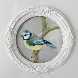 Uccello Cinciarella Originale Dipinto ad Olio Piccola Miniatura con Cornice Rotonda Mini Tela Incorniciata Opera D'Arte Decorazione Da Parete Vintage Amante Degli Uccelli Fauna Selvatica