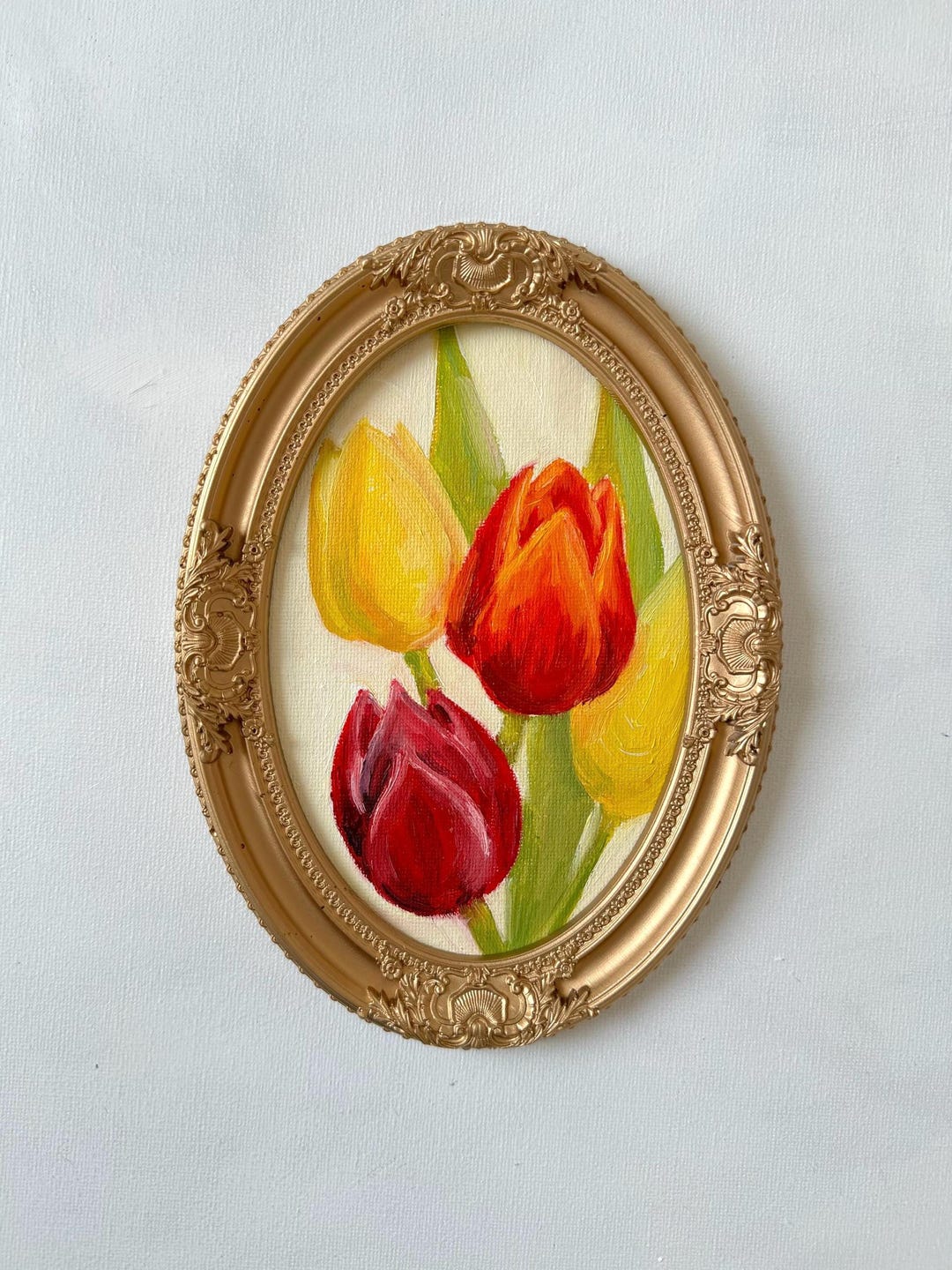 Tulip Flower Original Oil Painting Small Floral Miniature With Oval ...
