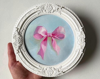 Pink bow Original Oil Painting Pastel Miniature with Round Vintage Frame Cute Girly Art Hand-painted Balletcore Artwork Coquette Aesthetic
