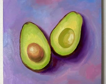 Avocado Original Oil Painting Food Still Life Vegetable Painting Kitchen Wall Art Colourful Art Hand-painted Artwork Green Purple Art 8 by 8